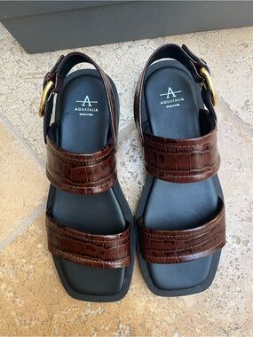 Aquatalia Brown Croc-Embossed Leather Double-Strap women’s Sandals